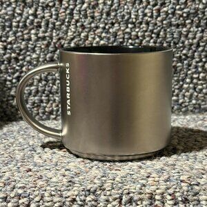 2014 Starbucks Stainless Steel Silver Coffee Mug White Logo Embossed 14oz